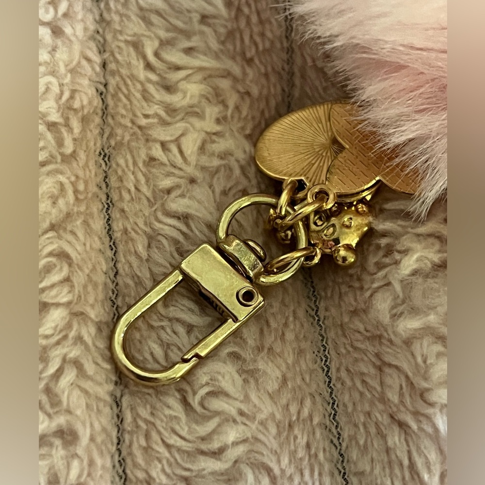 Cute Pink Pompom Puff Gold Keychain Bag Charm with Teddy Bear and Star Flower - Picture 4 of 5